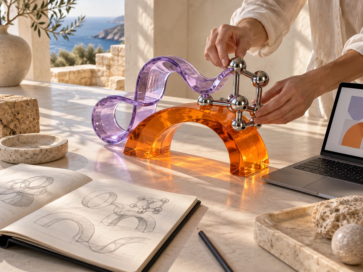 Composición conceptual de vidrio lila, una estructura de cromo y un arco naranja sobre una mesa de trabajo