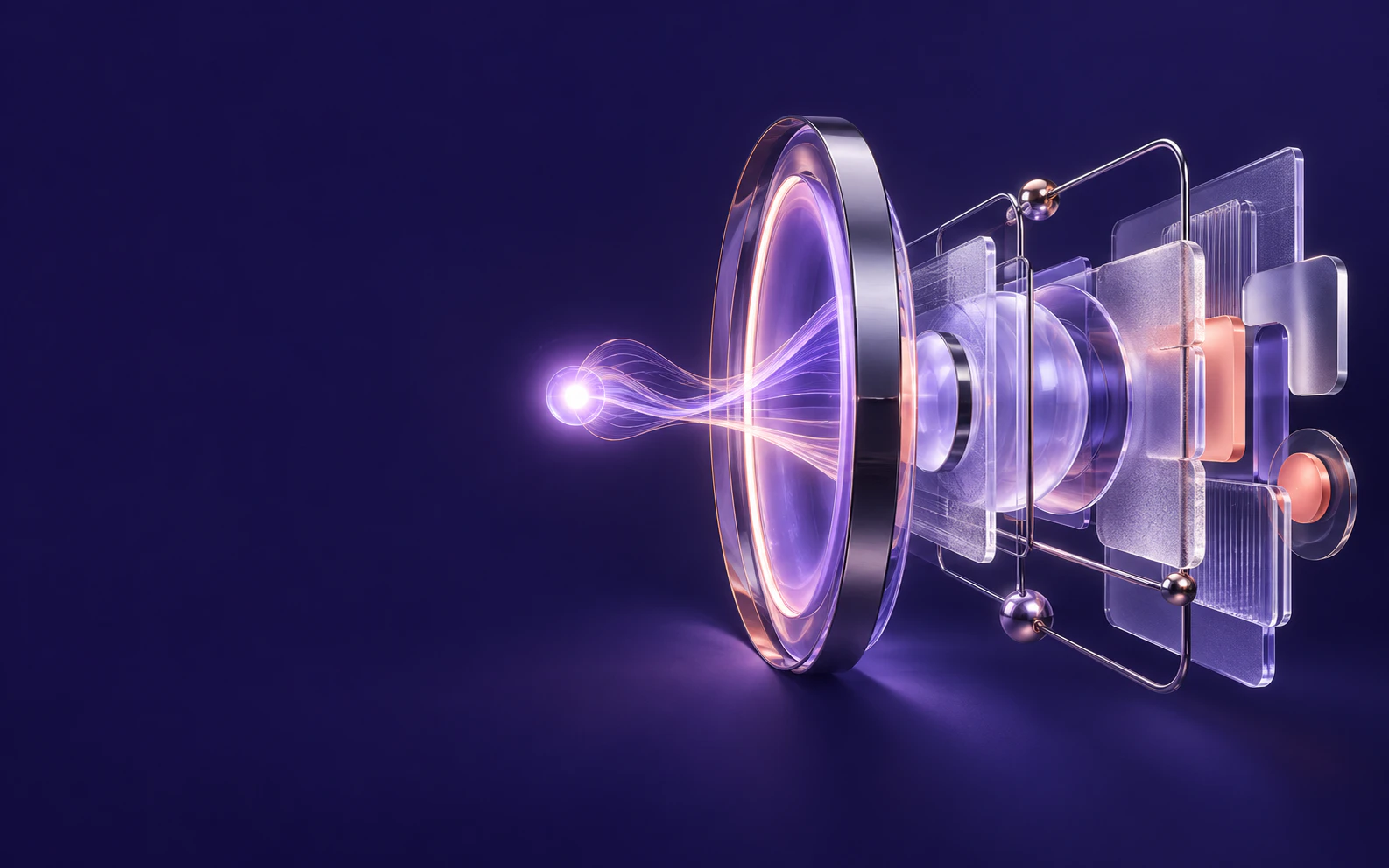 Una idea luminosa atraviesa una estructura de vidrio y cromo hasta convertirse en un sistema digital